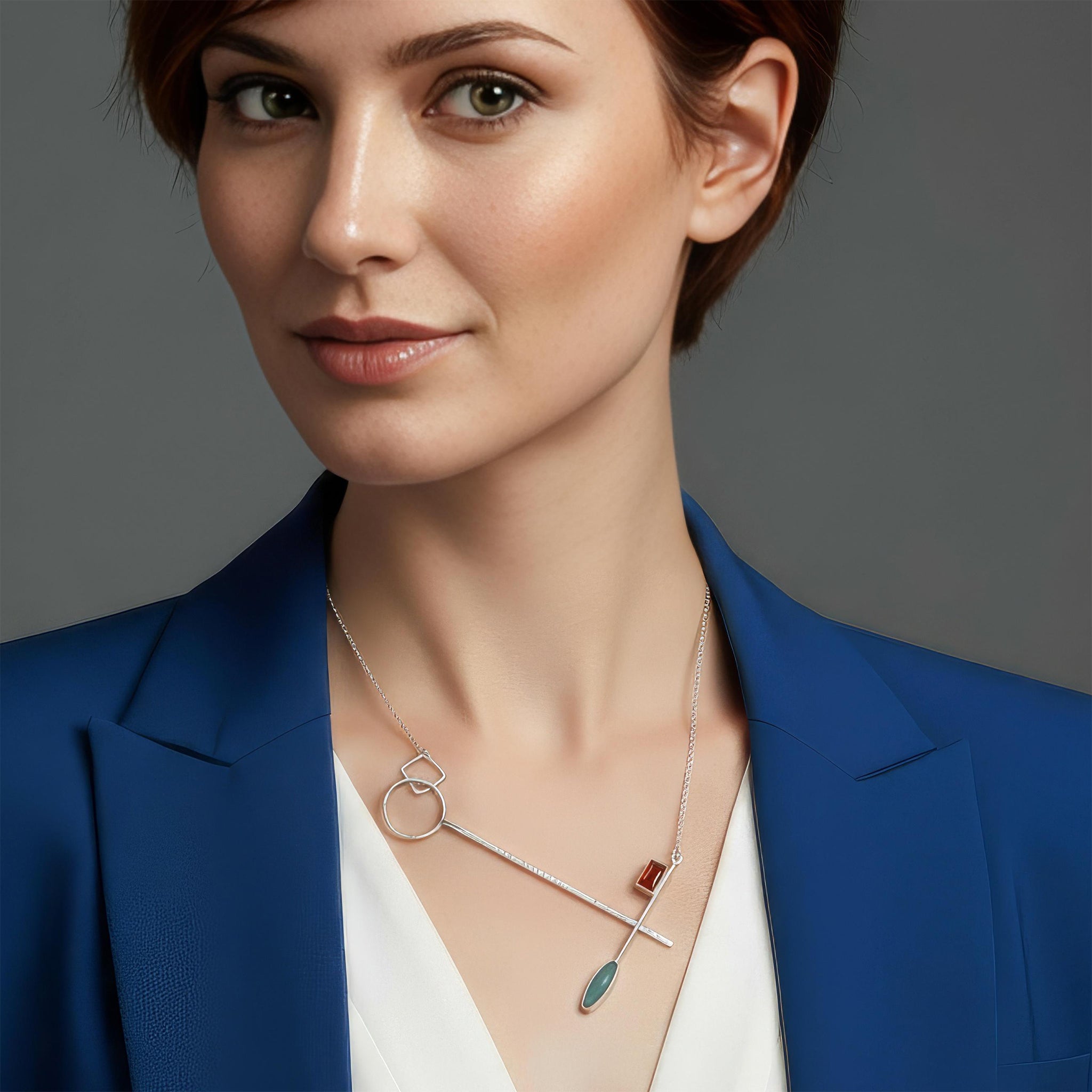 An illustration of how our Keystone necklace looks when worn.