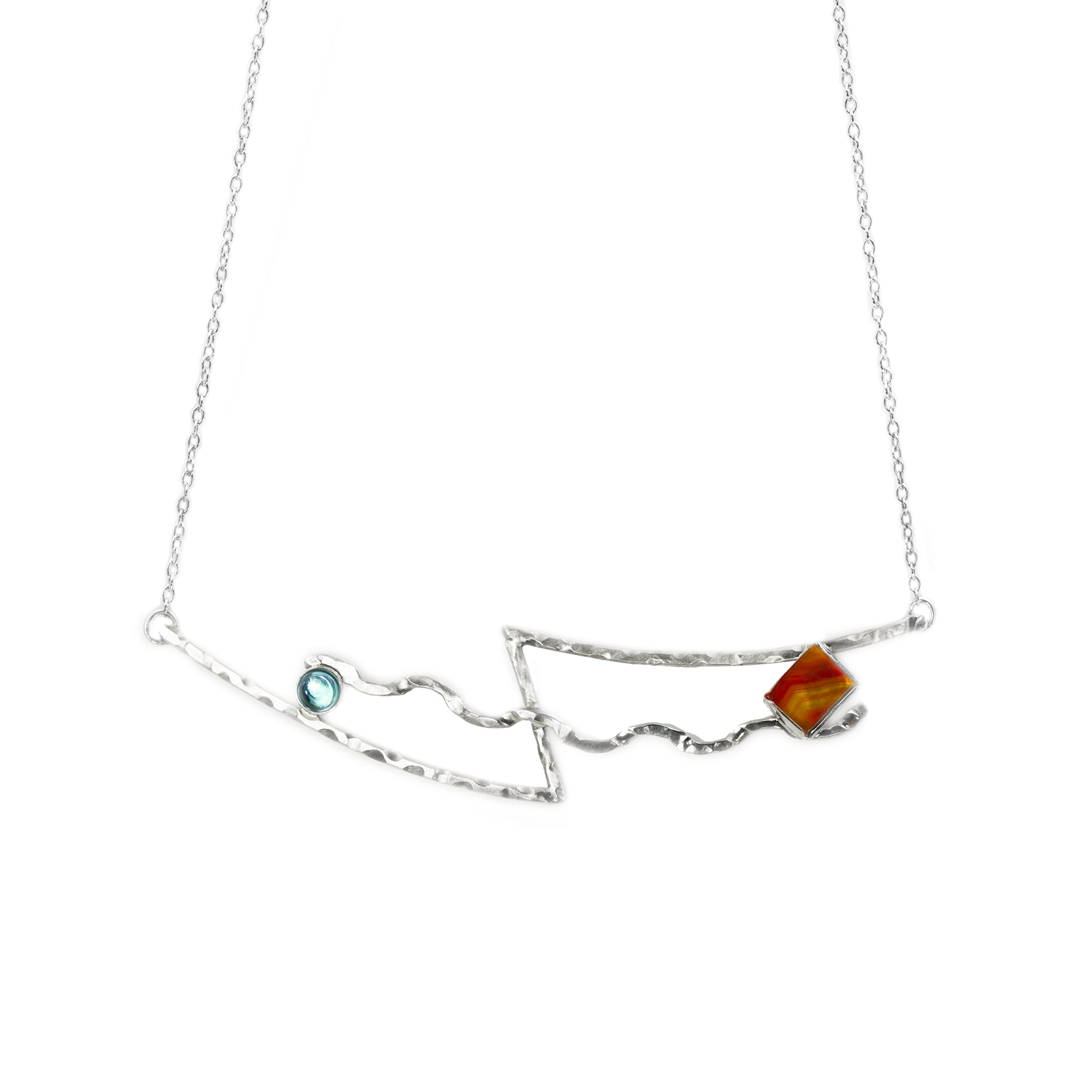Mischief necklace with red banded agate and blue aquamarine accent by Rouaida.