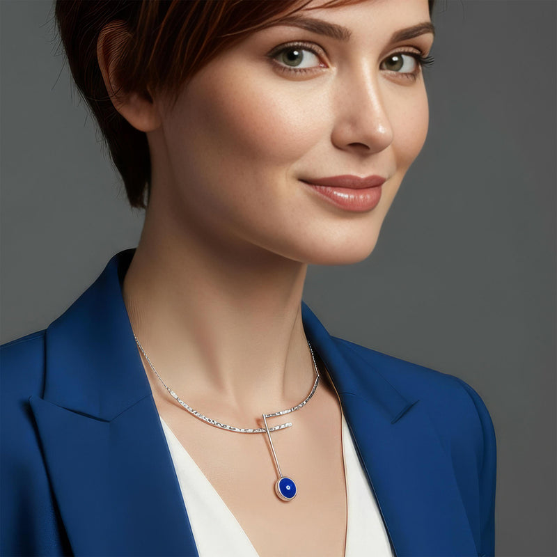 n illustration of how our Deep Blue necklace looks when worn.