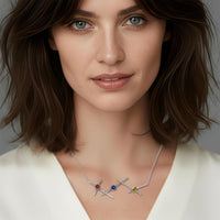 An illustration of how our Dissonance necklace looks when worn.