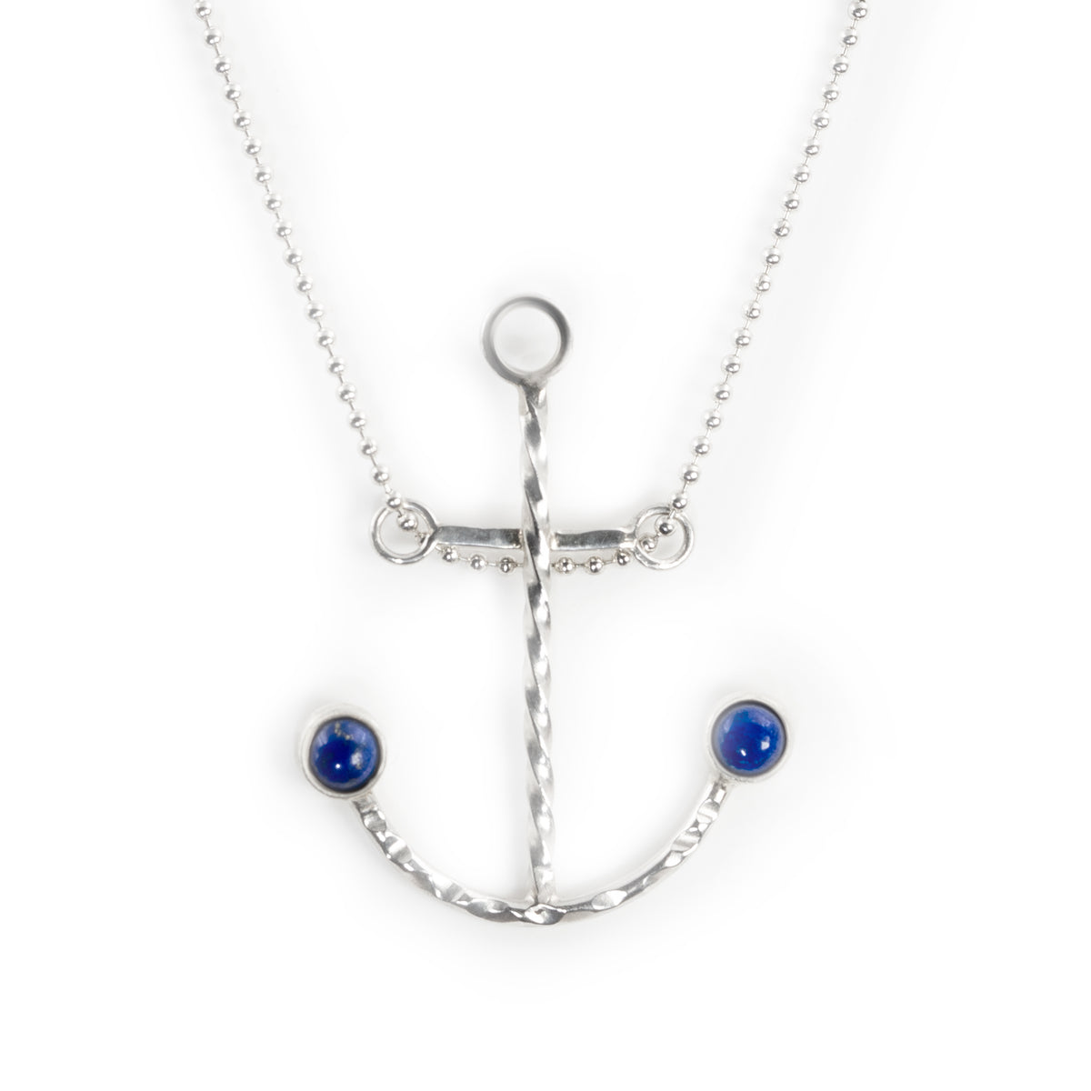 Silver steadfast necklace with lapis lazuli stones.